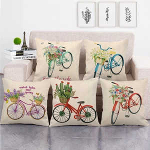 Watercolor Bicycle Cartoon Oil Painting Linen Pillowcase Decorative Cushion Cover Vintage Floral Bicycle Print Square Throw Pillowcase For Living Room Sofa Home Decor