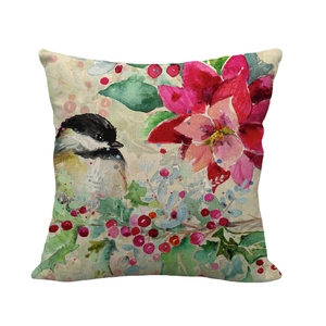 Housse de coussin en lin de Noël avec mésange à l'aquarelle et motif de fleur de poinsettia