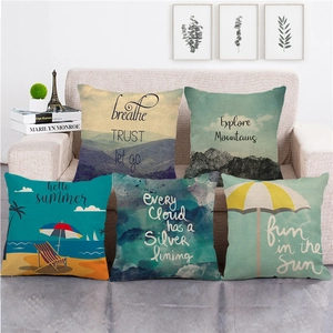 Linen Decorative Pillowcase Square Cushion Cover Seaside Mountain Scenery Inspirational Quote For Living Room Home Decor