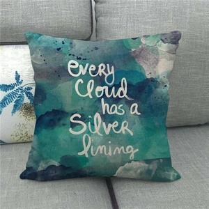 Linen throw pillow cover with blue watercolor design and silver lining quote