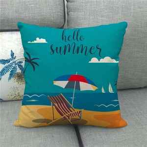 Detailed texture of linen pillowcase featuring a summer beach scene on a grey sofa