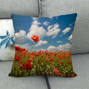 Close-up of linen pillow cover with vibrant red poppy field print on a gray sofa