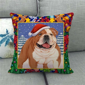 Macro detail of Christmas linen pillowcase showing festive bulldog print and snowflake art
