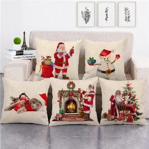 Christmas Cushion Cover Linen Decorative Pillowcase Santa Claus Reindeer Dog Cat Patterns Nordic Farmhouse Holiday Decor