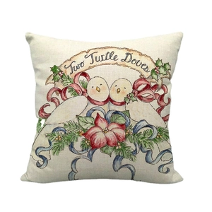 Christmas linen pillowcase with Two Turtle Doves floral design on white background