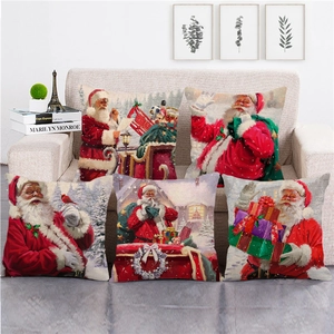 Christmas Decorative Pillow Case Santa Claus Oil Painting Style Linen Cushion Cover For Sofa Living Room Holiday Home Decor