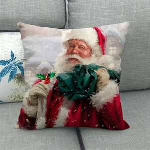Detailed close-up of a festive linen pillow cover with a vibrant oil painting Santa Claus