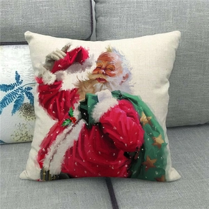 Merry Christmas square linen pillow cover featuring oil painting Santa Claus on a gray sofa