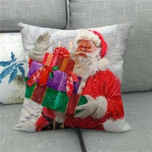 Detail of Christmas linen pillowcase showing artistic Santa Claus oil painting print