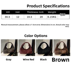 Detailed size specifications for a leopard print pleated handbag with multi-angle measurements