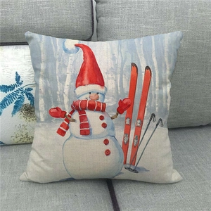Cute Christmas snowman with skis pattern on linen pillow cover for winter home decor