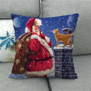 Detail of Christmas linen pillowcase showing Santa and a cat in oil painting style