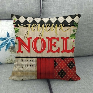 Weihnachts-Leinenkissenbezug mit Joyeux NOEL Schriftzug und festlichen roten Beerenmustern