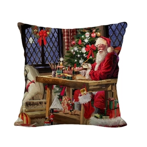 Merry Christmas linen square pillowcase with Santa workshop illustration and tree