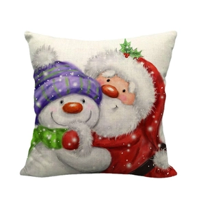 Cute Santa and snowman illustration linen pillow cover with festive snowflake patterns