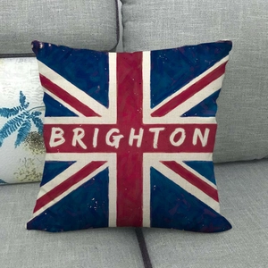 Detail of linen cushion cover with British Union Jack flag and Brighton city text