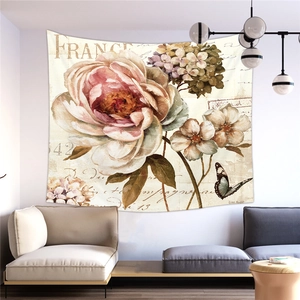 Dettaglio dell'arazzo vintage con pittura a olio di fiori di peonia e farfalle