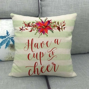 Housse de coussin Noël en lin avec couronne et inscription Have a cup of cheer