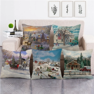 Fodera per Cuscino in Lino ad Acquerello di Natale Scena Innevata Invernale Quadrato Copricuscino Decorativo per Divano Casa Senza Interno