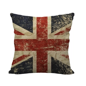 Vintage Union Jack linen cushion cover with distressed British flag print on white back