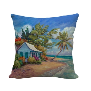 Linen cushion cover featuring a tropical beach oil painting with palm trees and a blue cabin