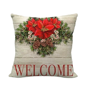 Housse de coussin de Noël en lin avec couronne de fleurs et inscription Welcome
