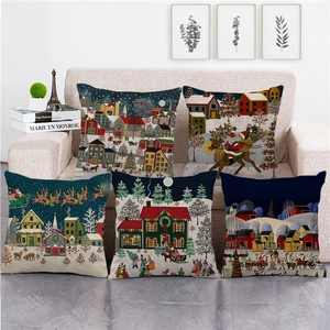 Christmas Cushion Cover Linen Winter Snow Town Night Scene Landscape Decorative Pillowcase For Home Sofa Living Room