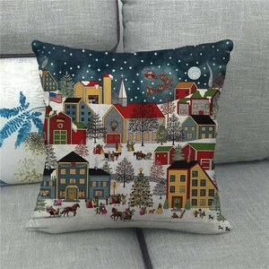 Christmas village snow scene linen pillowcase featuring a retro winter night landscape