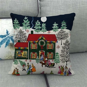 Detailed texture of linen pillowcase featuring a vintage Christmas village scene
