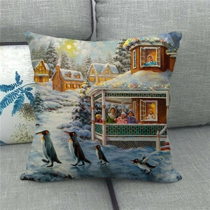 Detailed texture of linen pillowcase featuring a cartoon winter penguin scenery