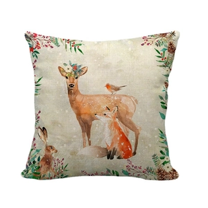 Weihnachtlicher Leinenkissenbezug mit Rentier- und Fuchsmotiv im Aquarell-Stil