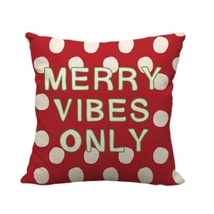 Red Christmas linen pillowcase with white polka dots and Merry Vibes Only print