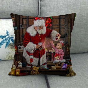 Detailed view of linen pillowcase featuring a festive Santa Claus and girl print