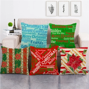 Christmas Cushion Cover Linen Cotton Pillowcase Merry Christmas Reindeer Poinsettia Floral Decorative Home Sofa Couch