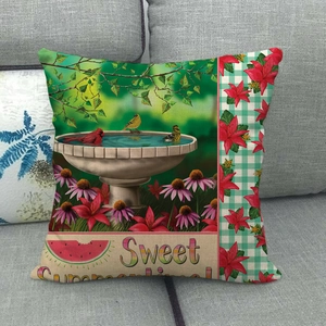 Detailed close-up of linen pillowcase with Sweet Summertime bird and floral oil painting