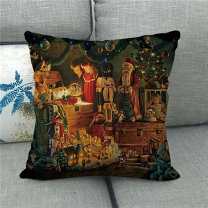 Vintage Christmas linen pillow case featuring Santa Claus and Nutcracker on grey sofa