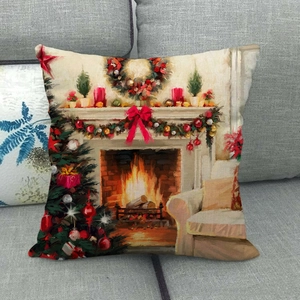 Christmas fireplace and tree oil painting style linen pillowcase on a grey sofa