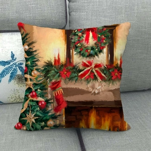 Detail of Christmas oil painting linen pillowcase with fireplace scene on sofa