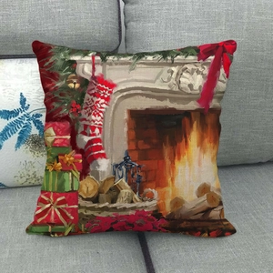 Detailed close-up of a festive Christmas linen pillowcase on a cozy sofa setting