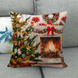Christmas tree and fireplace oil painting linen pillowcase on a grey sofa