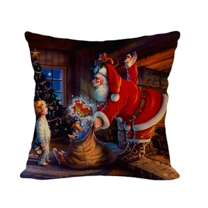 Linen Christmas pillow case featuring Santa Claus and fireplace in retro style