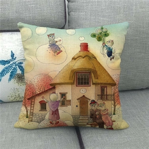 Linen throw pillow cover featuring a whimsical hand-painted cat family illustration