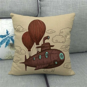 Close-up of linen pillowcase with steampunk hot air balloon and submarine illustration