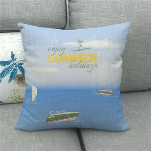 Detailed fabric texture of linen pillowcase with Summer Holidays ocean theme print