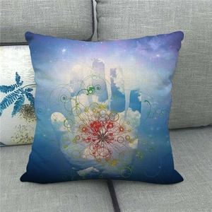 Detail of linen pillowcase featuring a surreal mandala pattern and starry sky design