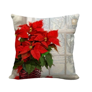 Christmas linen pillowcase featuring oil painting poinsettia and snowy window design