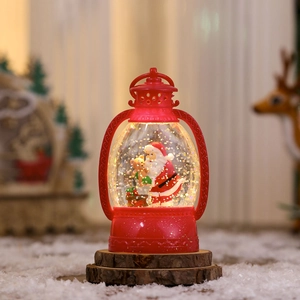 Close-up of red retro Christmas lantern with Santa Claus figurine and glowing LED lights