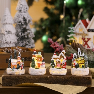 Christmas Glowing Resin Miniature House Ornament LED Light Up Santa Claus Snowman Figurine Holiday Tabletop Decoration Xmas Gift