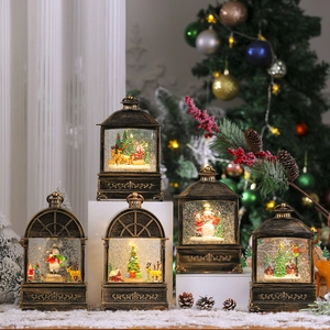 Christmas Snow Globe Lantern Retro Resin LED Light Up Musical Snowing Rotating Desktop Ornament Vintage Bronze Style