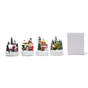 Set of 4 glowing Christmas resin house ornaments with Santa and snowman figurines